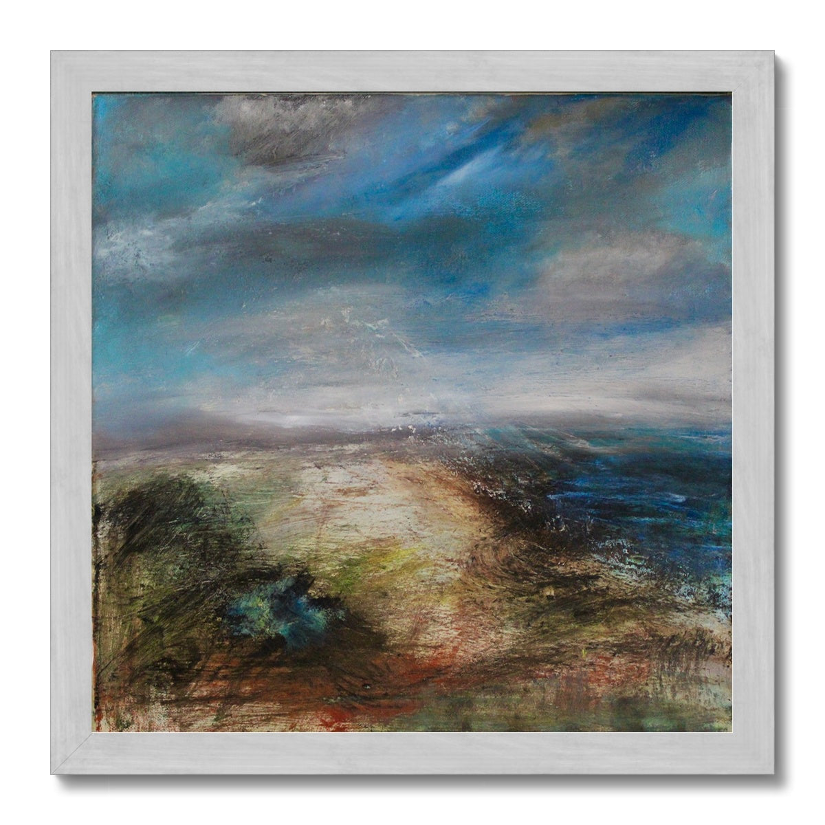 semi abstract ocean painting beach art island artwork print. semi abstract seascape print artwork of beach and ocean colourful painting with dramatic sky