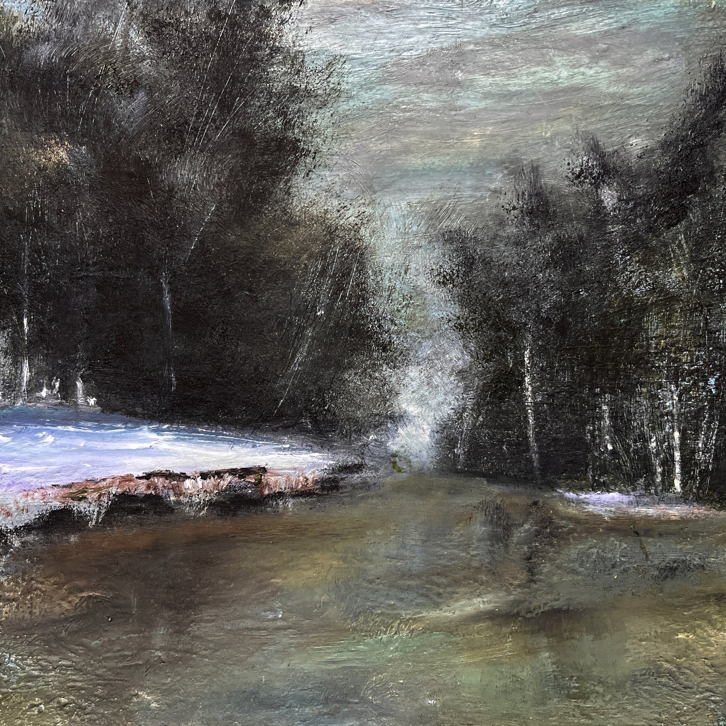 landscape oil painting on stretched canvas of woodland and snow winter and trees unique art, contemporary artwork handmade country artwork wall decor country nature