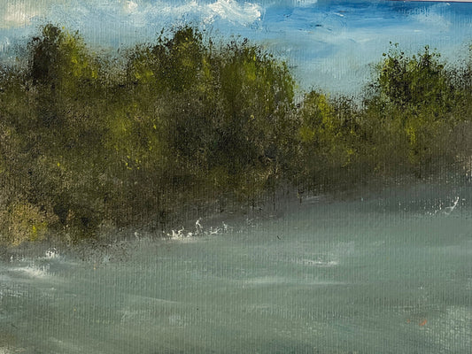 Oil on paper landscape painting of river and trees