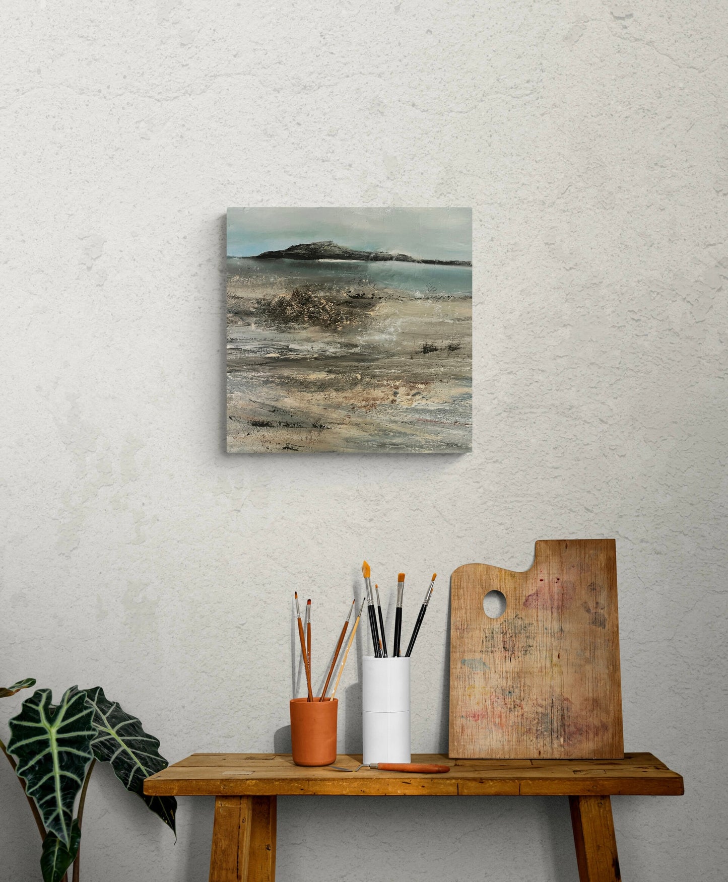 eascape oil painting semi abstract art with floater frame
art oil on strtetched canvas seascape ocean artwotk modern painting of island and waves and beach sunset unframed cavas art large painting with dark blue waves and neutral beach tones mixed media art ready to hang seascapes grey blue with neutral sands and rocky island in room view of dramatic painting