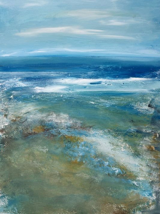 Expressive seascape painting on paper with mount abstract landscape art contemporary artwork semi abstract beach scenic ocean wall decor atmospheric waves wall decor deep blue waves low tide