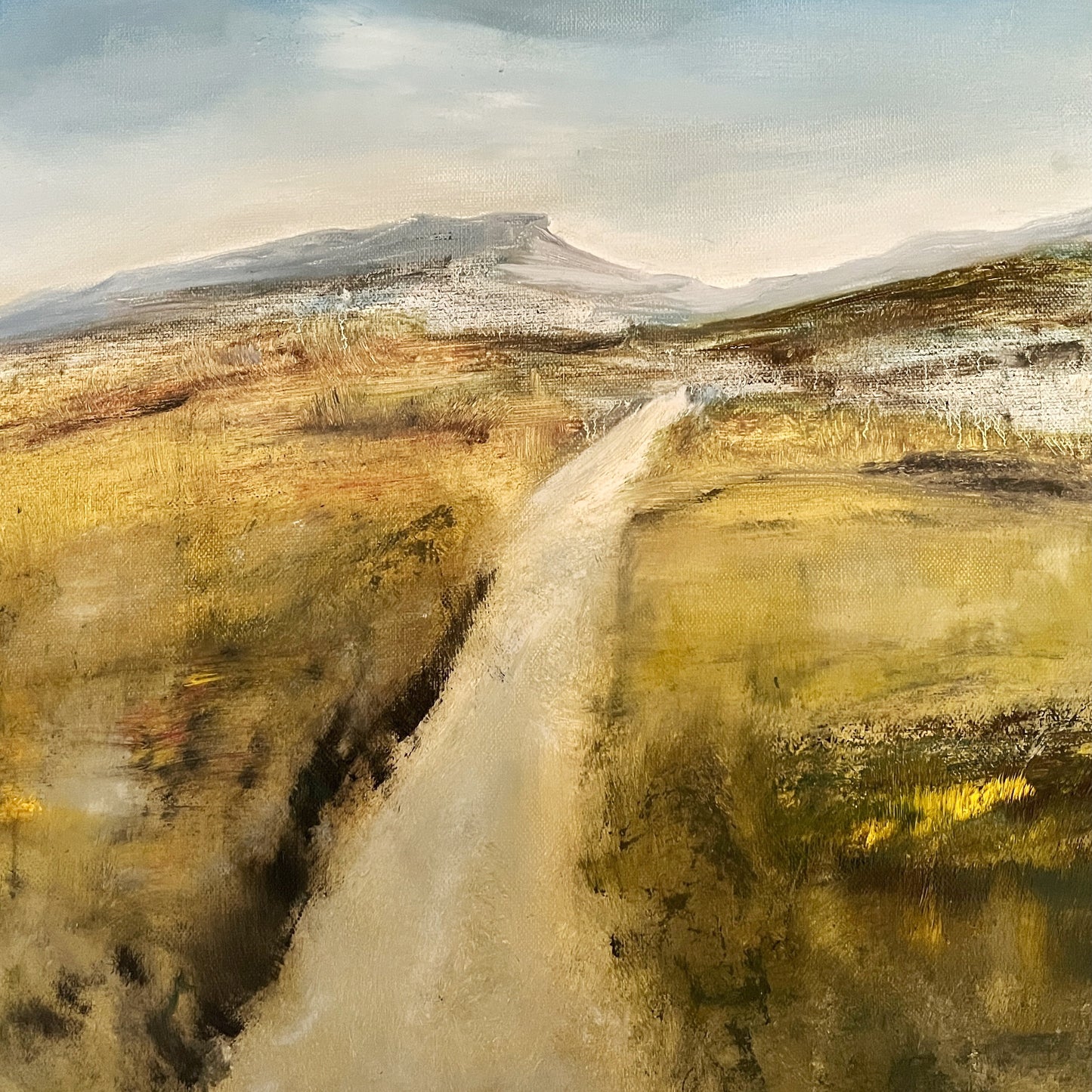 oil painting on canvas of Dartmoor tors and grass and a path. Semi abstract art landscape artwork expressive modern wall decor