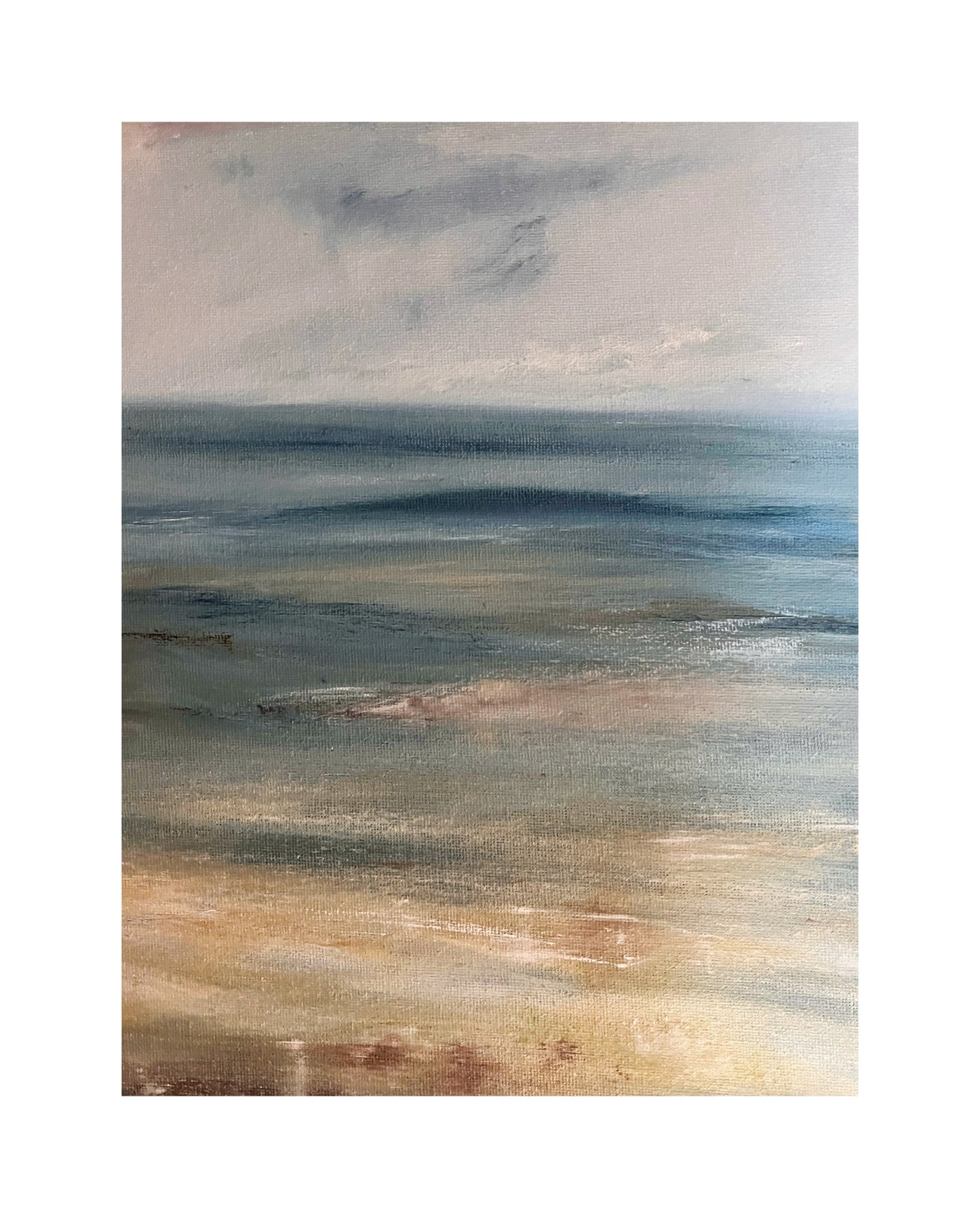 beach painting seascape artwork of sand and sea and ocean waves art oil painting on canvas board atmospheric and expressive seascape unframed art pale blue waves