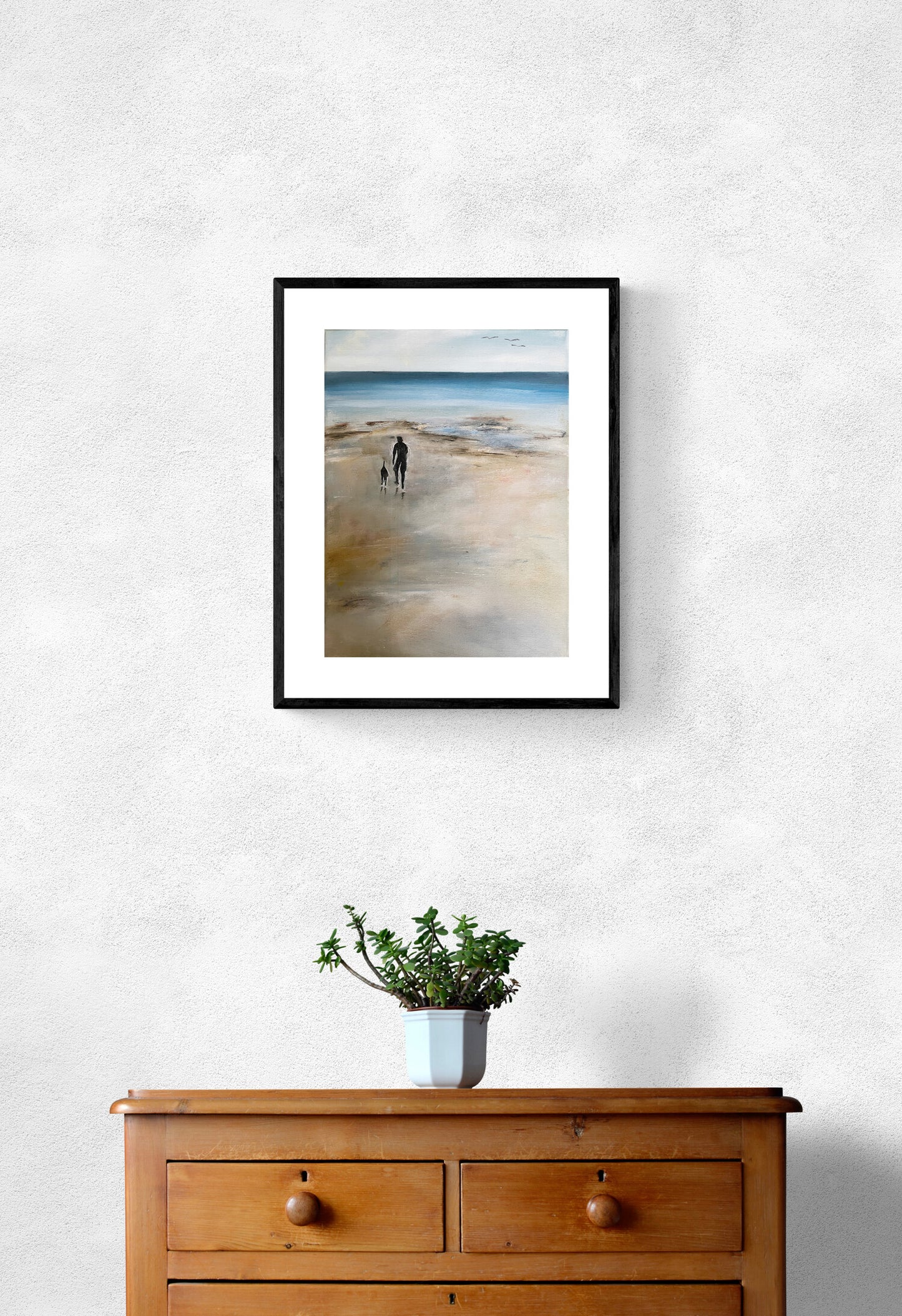 oil on canvas painting of man and dog walking on beach, on of a kind, unique and original art. Expressive artwork of ocean and sand