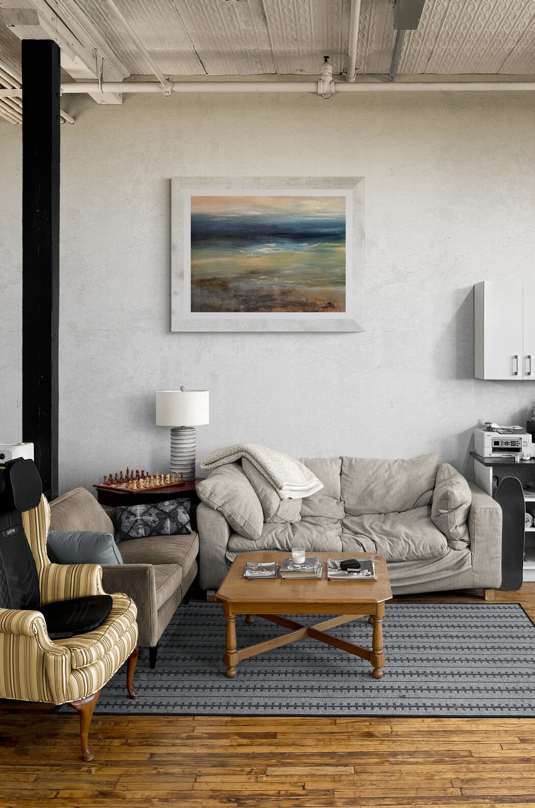 art oil on canvas board seascape ocean artwotk modern painting
with floater frame dark blues and neutral beach tones art wit sky and cloud waves at low tide expressive semi abstract seascape art wall decor wall room mockup