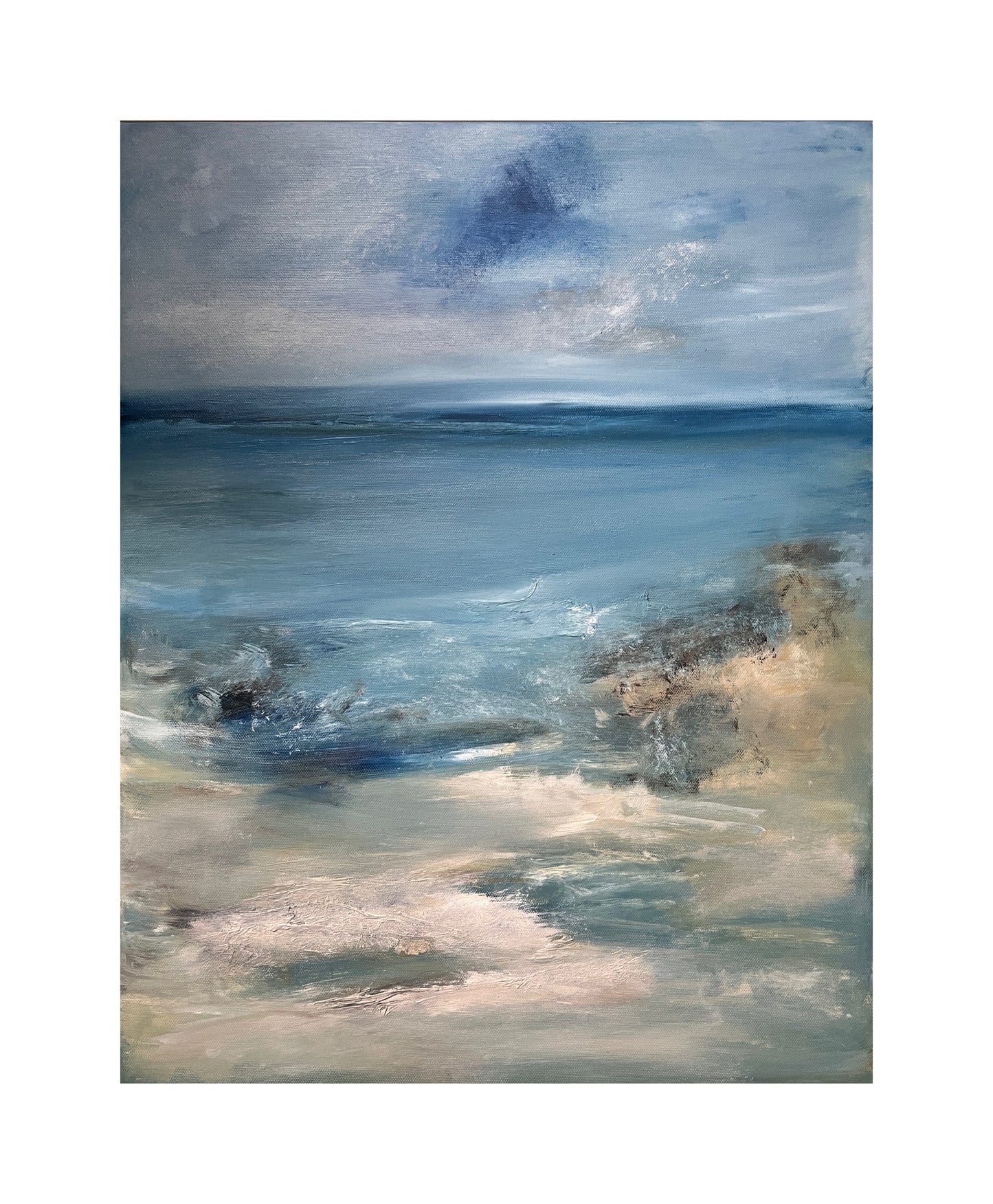 semi abstract seascape painting oil on canvas art blue and beach ocean artwork contemporary wall decor with floater frame expressive semi abstract seascape artwork sea ocean sand pale blue