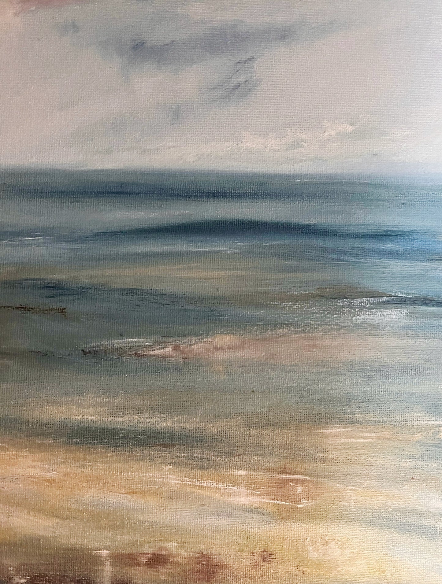 beach painting seascape artwork of sand and sea and ocean waves art oil painting on canvas board atmospheric and expressive seascape unframed art neutral sand colours