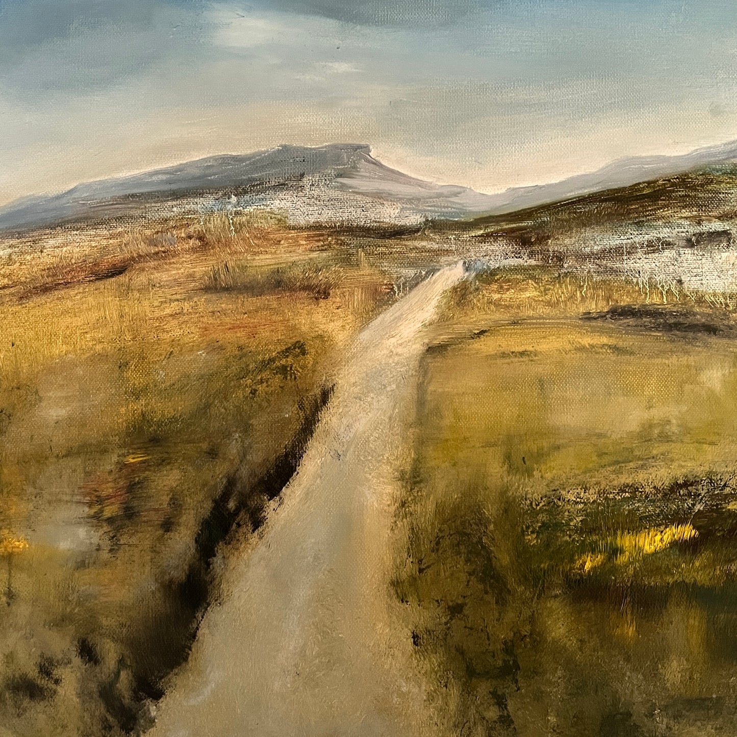 oil painting on canvas of Dartmoor tors and grass and a path. Semi abstract art landscape artwork expressive modern wall decor