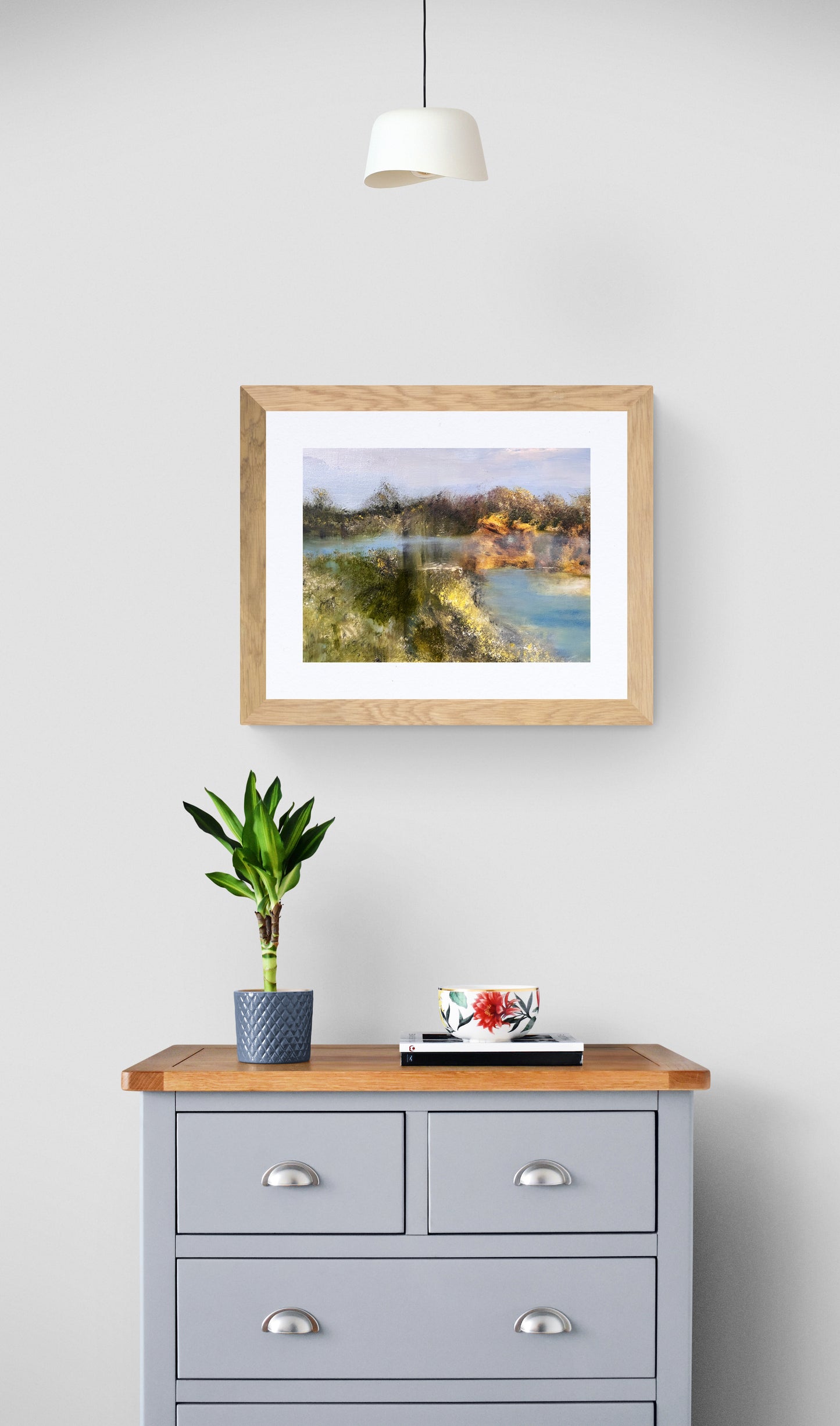 oil painting on canvas expressive landscape of trees and lake semi abstract art original artworks
room mockup