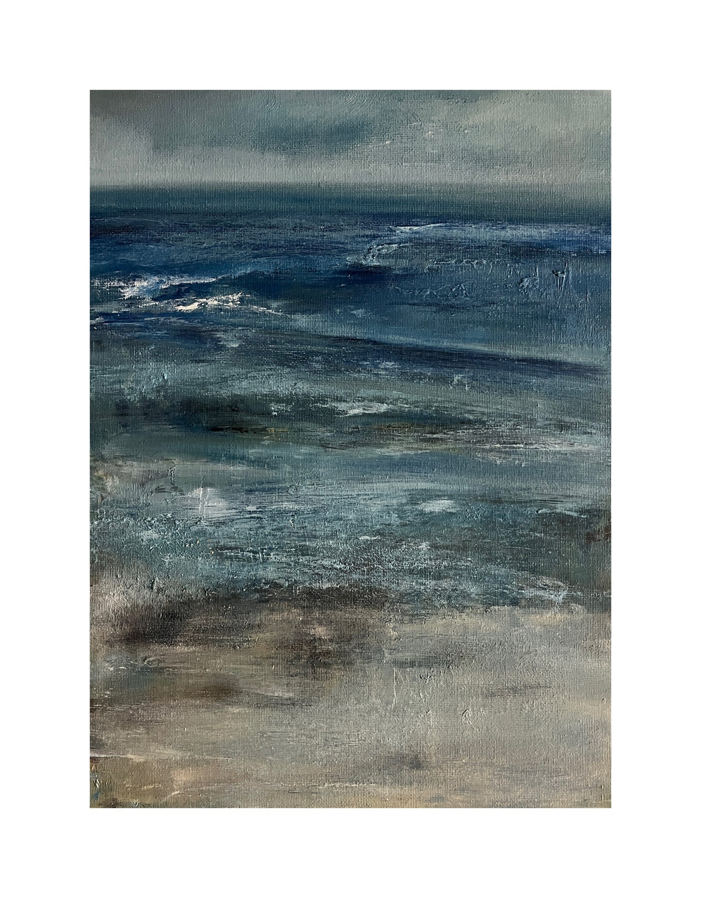 art oil on canvas board seascape ocean artwotk modern painting
unframed ark blues and neutral beach tones art wit sky and cloud waves at low tide expressive semi abstract seascape art