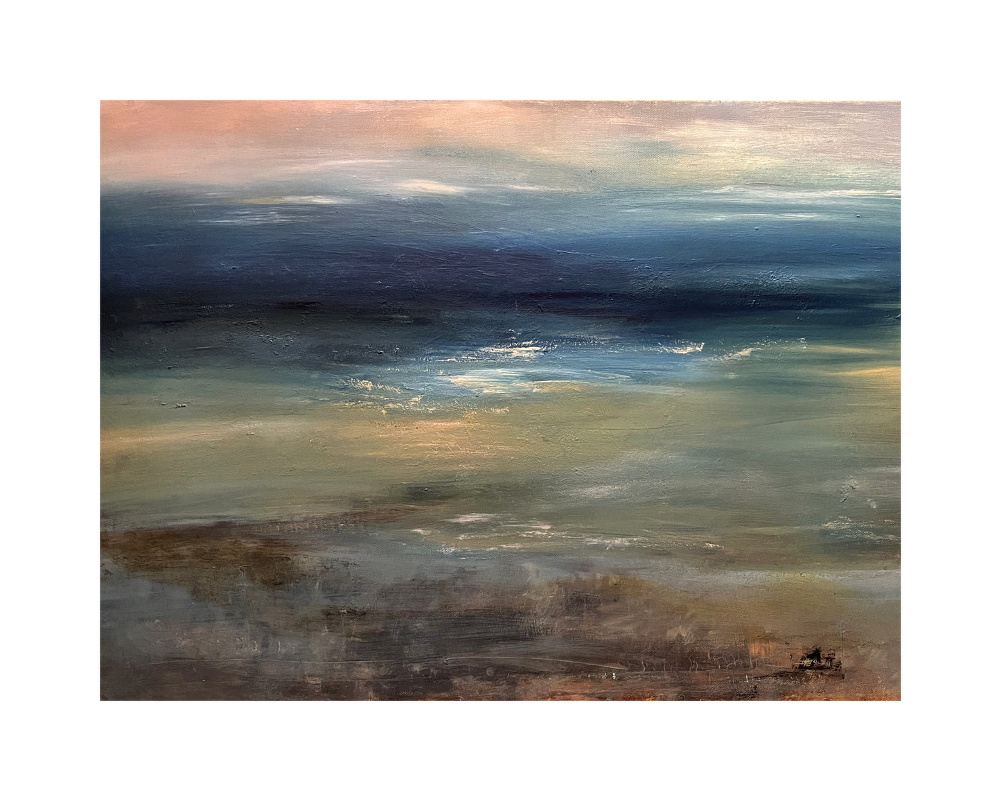art oil on canvas board seascape ocean artwotk modern painting
with floater frame dark blues and neutral beach tones art wit sky and cloud waves at low tide expressive semi abstract seascape art