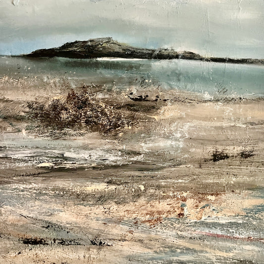 eascape oil painting semi abstract art with floater frame
art oil on strtetched canvas seascape ocean artwotk modern painting of island and waves and beach sunset unframed cavas art large painting with dark blue waves and neutral beach tones mixed media art ready to hang seascapes grey blue with neutral sands and rocky island front view