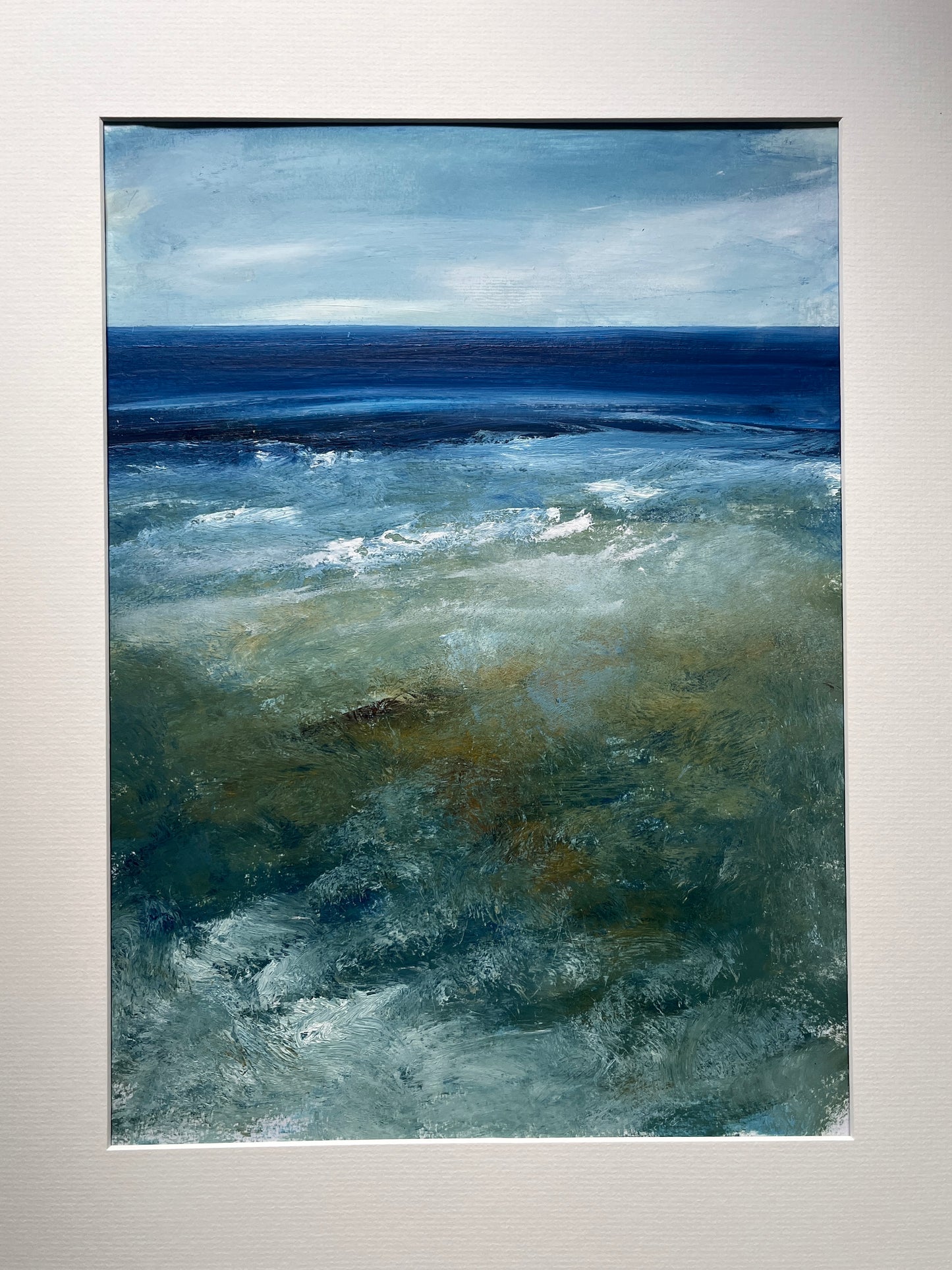 Expressive seascape painting on paper with mount abstract landscape art contemporary artwork semi abstract beach scenic ocean wall decor atmospheric waves wall decor deep blue waves unframed art