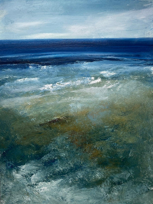 Expressive seascape painting on paper with mount abstract landscape art contemporary artwork semi abstract beach scenic ocean wall decor atmospheric waves wall decor deep blue waves cool blue sea