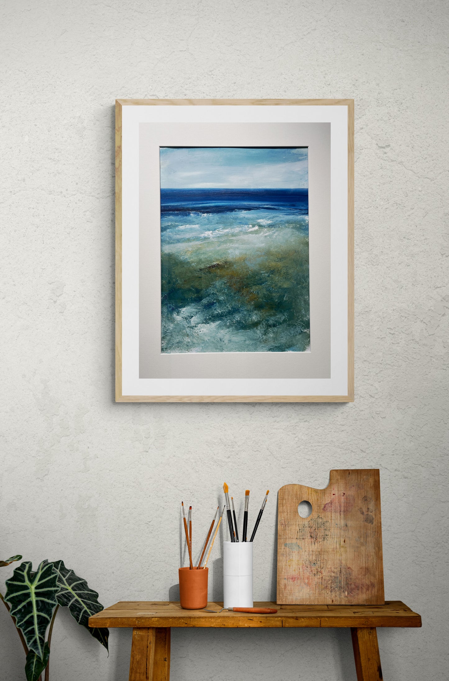 Expressive seascape painting on paper with mount abstract landscape art contemporary artwork semi abstract beach scenic ocean wall decor atmospheric waves wall decor deep blue waves wall decor
