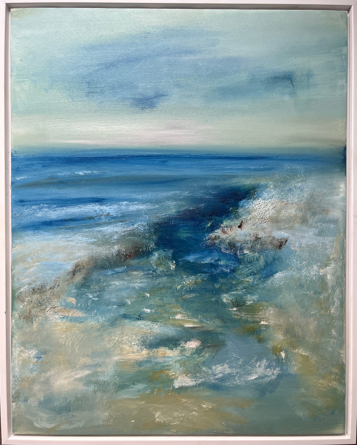 art oil on canvas board seascape ocean artwork modern painting in white plastic floater frame vivid blue beach sand modern art in frame