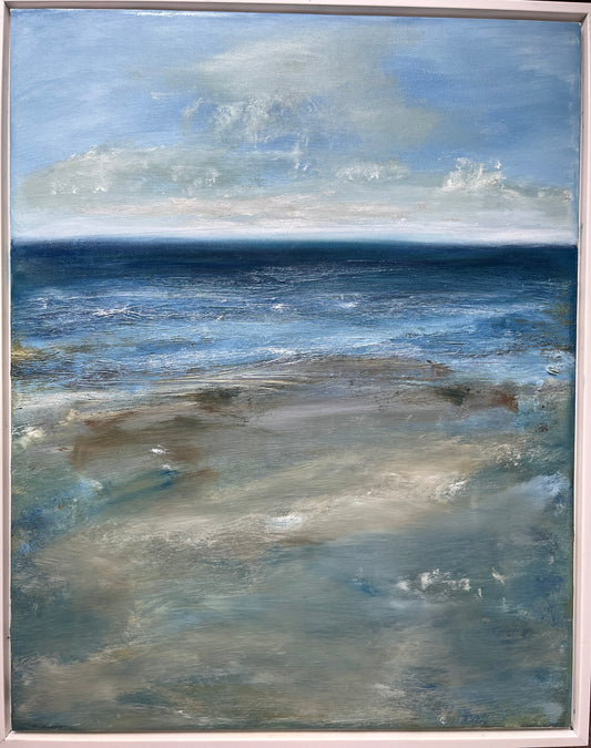 art oil on canvas board seascape ocean artwotk modern painting
with floater frame dark blues and neutral beach tones art wit sky and cloud waves at low tide with sea salt