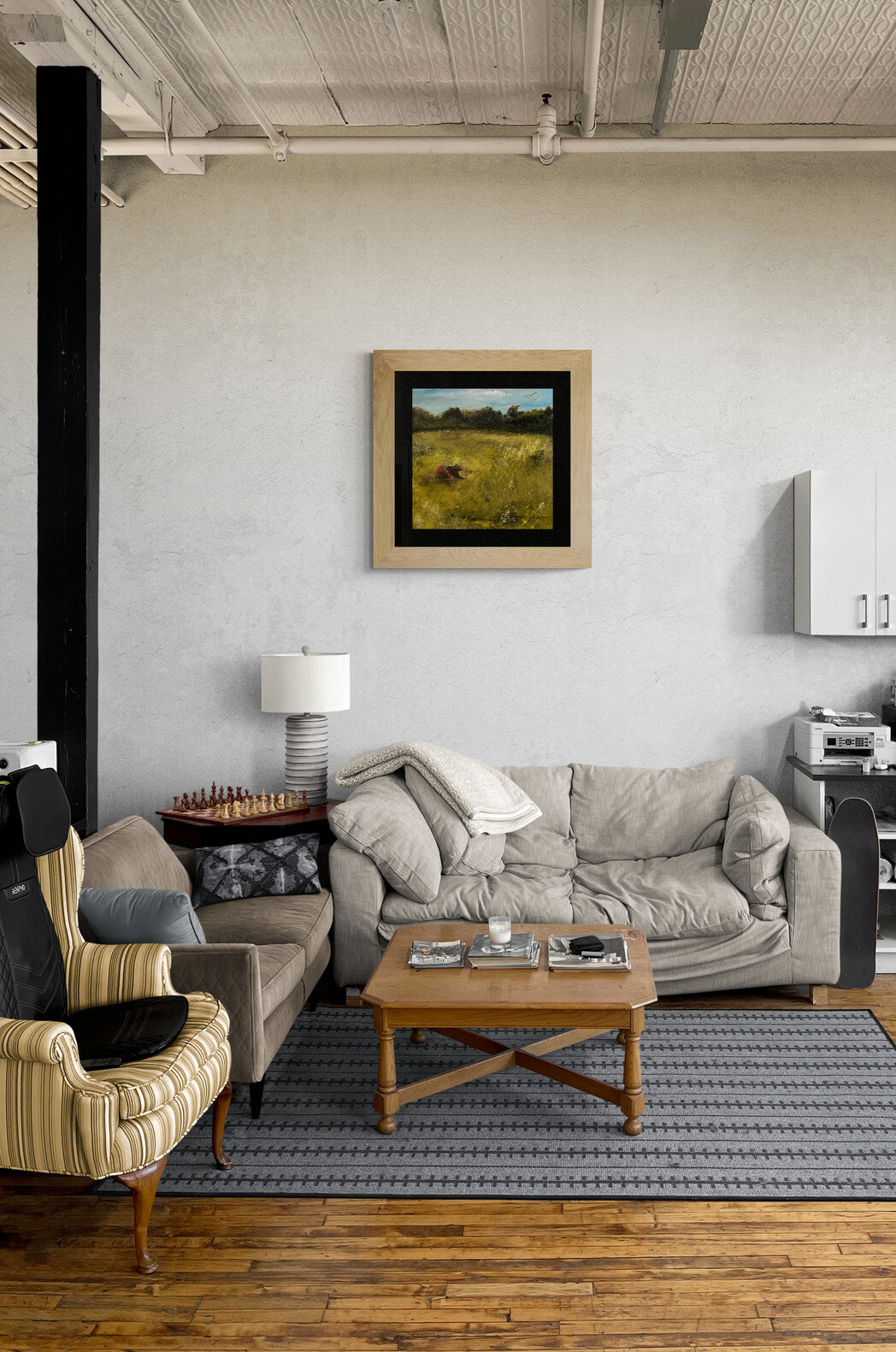 unframed art
oil on canvas painting of a cow in a meadow on a summer's day, landscape artwork expressive modern art room mockup with frame