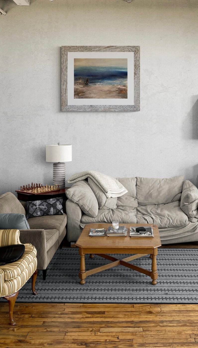 aart oil on canvas board seascape ocean artwotk modern painting of island and waves and beach sunset unframed cavas art large painting with dark blue waves and neutral beach tones mixed media art ready to hang framed in a room
