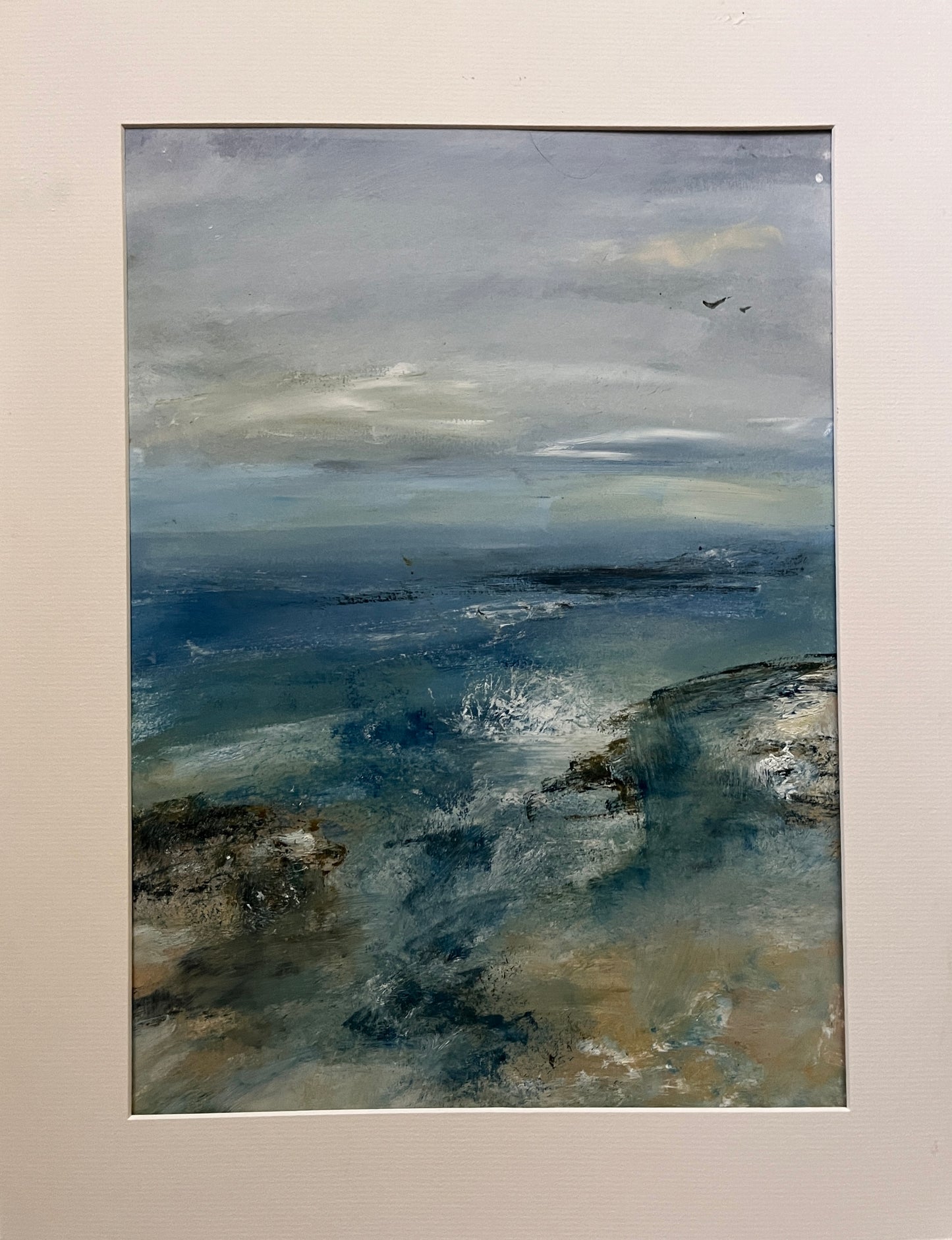 bright blue seascape art painting of beach a colourful ocean artwork on paper with mount jade green sea expressive contemporary semi abstract seascape atmospheric art unframed art