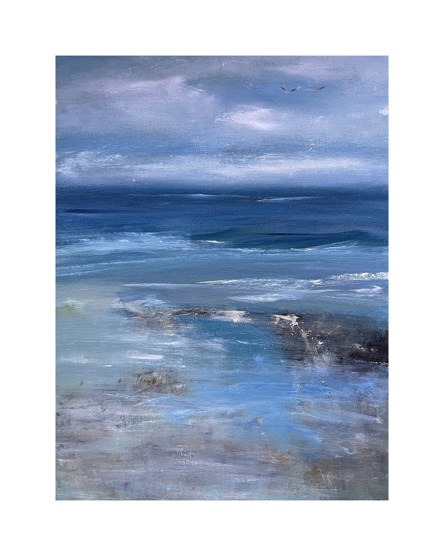 seascape oil on canvas board painting waves ocean beach art sand blue white artwork