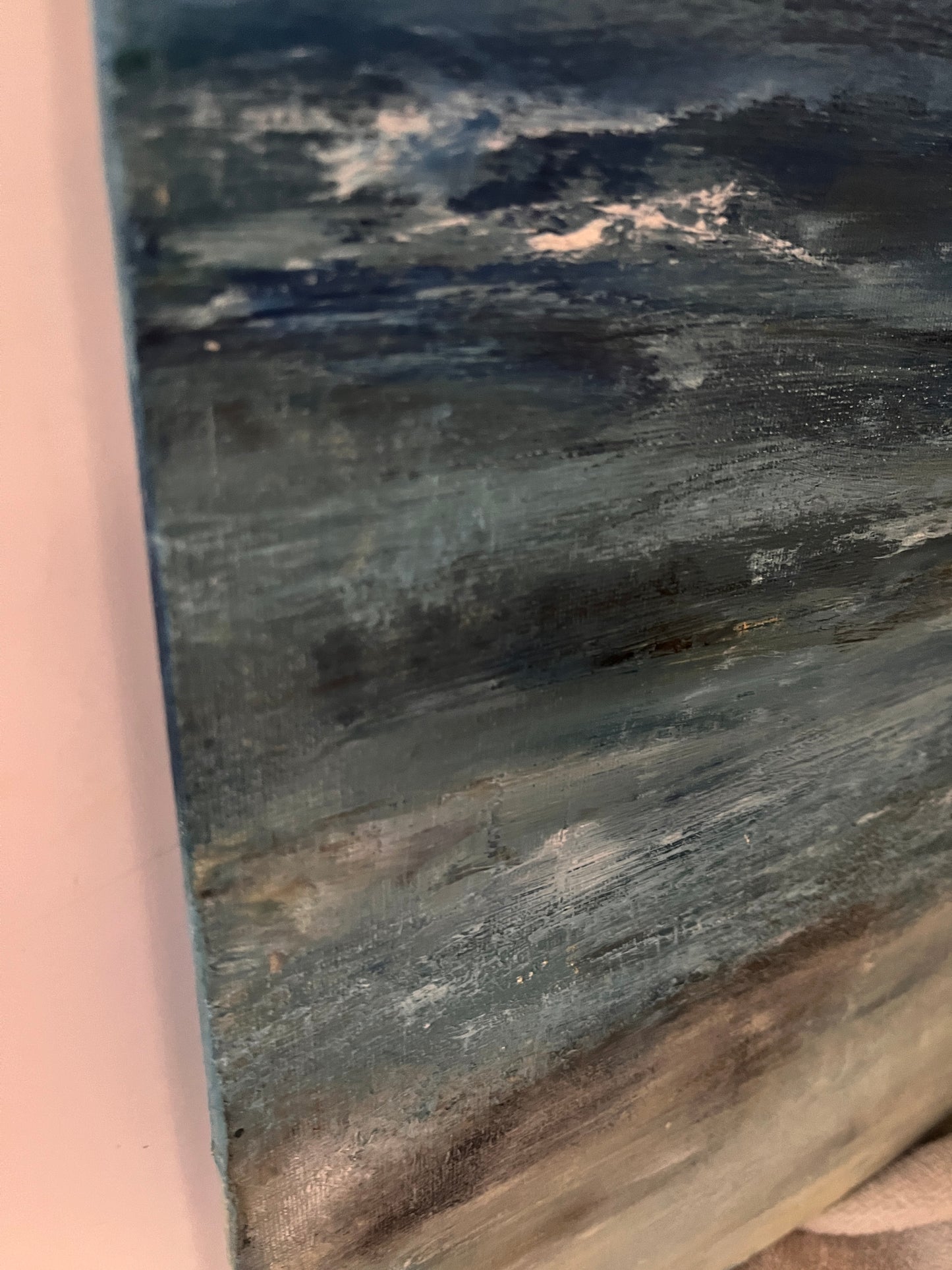 art oil on canvas board seascape ocean artwotk modern painting
unframed ark blues and neutral beach tones art wit sky and cloud waves at low tide expressive semi abstract seascape art close up side view