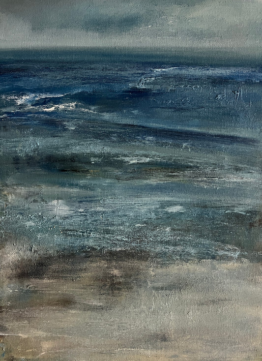 art oil on canvas board seascape ocean artwotk modern painting
unframed ark blues and neutral beach tones art wit sky and cloud waves at low tide expressive semi abstract seascape art