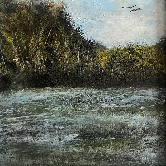 Painting of a landscape with water, trees, and birds. framed oil painting of river and trees and birds in a white wooden frame