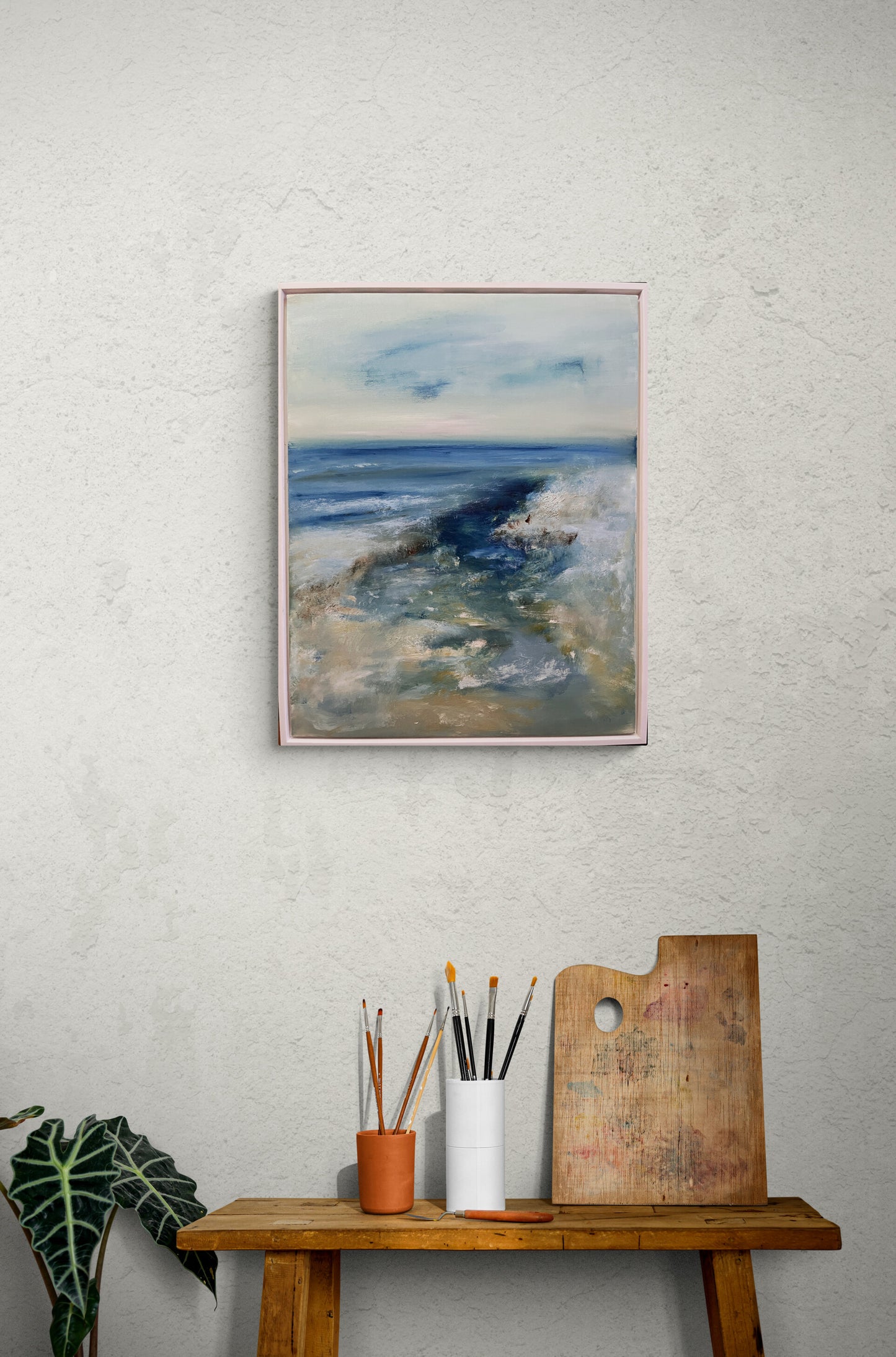 art oil on canvas board seascape ocean artwork modern painting in white plastic floater frame vivid blue beach sand modern art room mockup