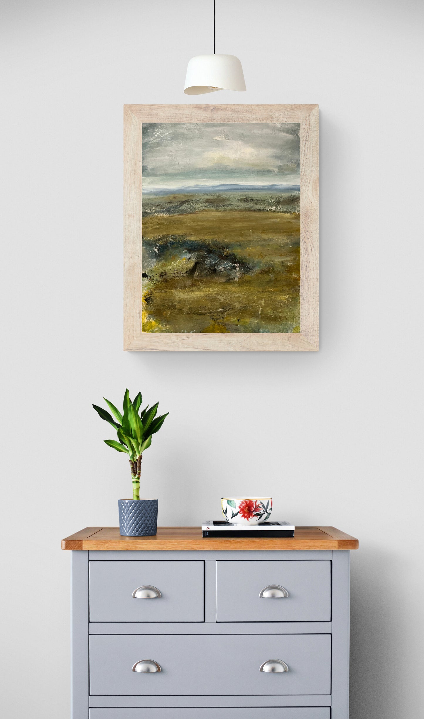 oil on paper with mounted unframed original and unique landscape painting expressive semi abstract art countryside artwork mountains and moors wall decor wall mockup