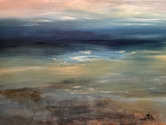 art oil on canvas board seascape ocean artwotk modern painting
with floater frame dark blues and neutral beach tones art wit sky and cloud waves at low tide expressive semi abstract seascape art wall decor