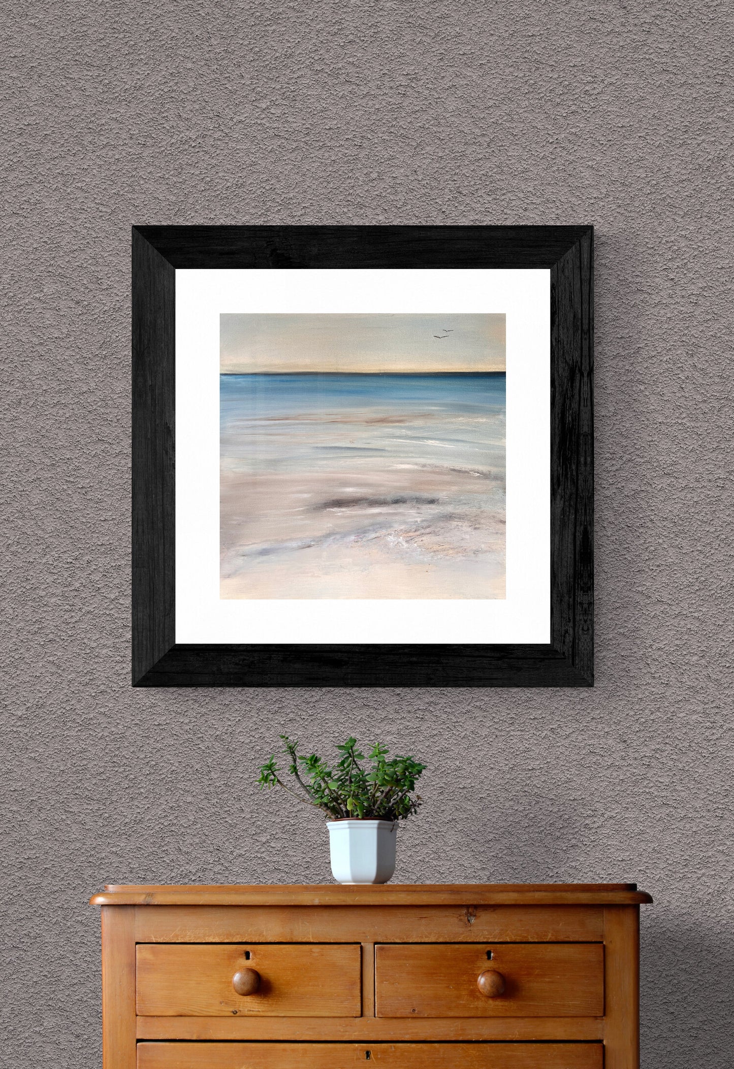 seascape art oil paint on canvas artwork of ocean and beach and gulls atmospheric expressive painting