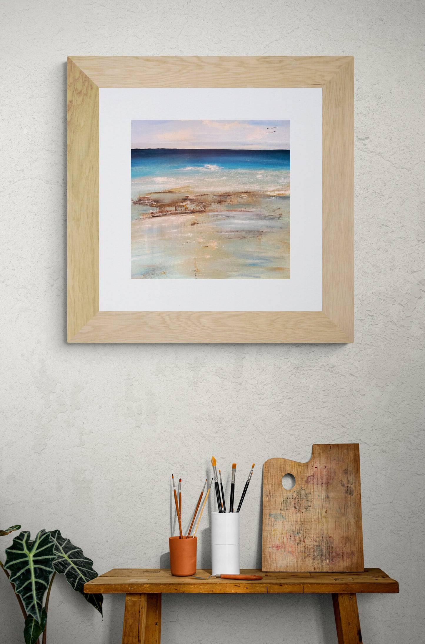 seascape art oil paint on canvas artwork of ocean and beach and gulls atmospheric expressive painting