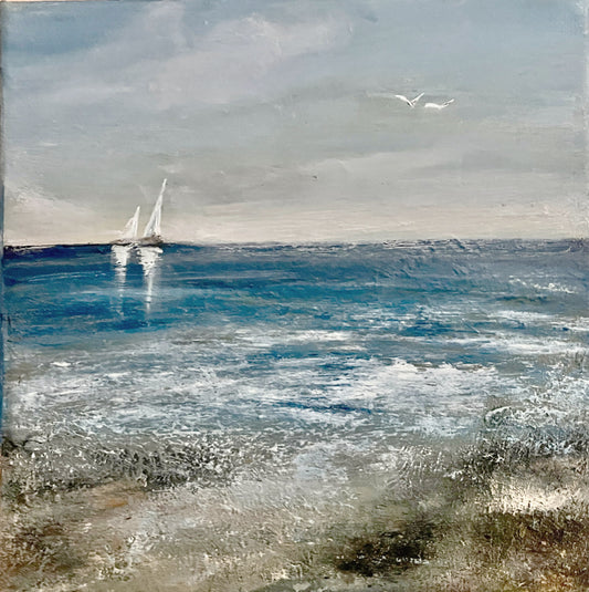 oil painting of ocean sea beach sail boats with white sail blue sky and seagulls