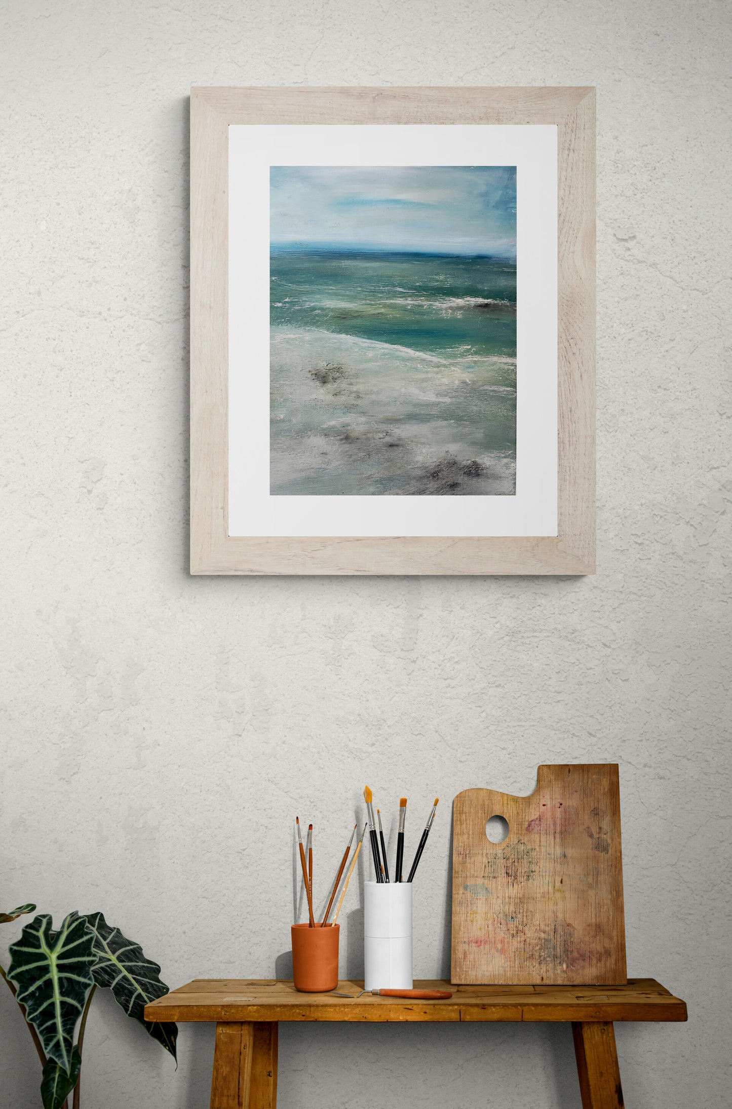 bright blue seascape art painting of beach a colourful ocean artwork on paper with mount jade green sea expressive contemporary semi abstract seascape wall decor