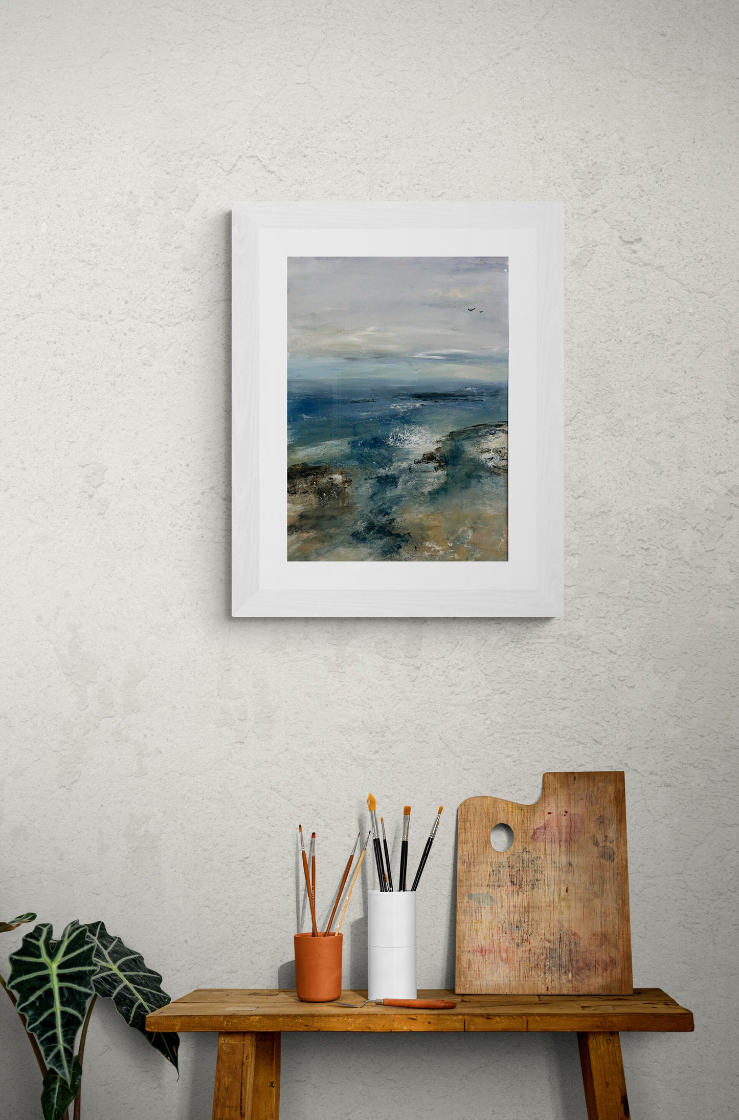 bright blue seascape art painting of beach a colourful ocean artwork on paper with mount jade green sea expressive contemporary semi abstract seascape atmospheric art wall decor