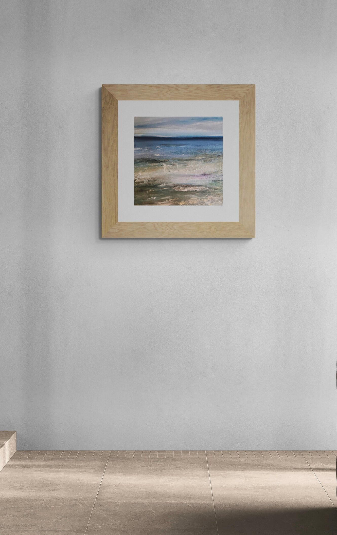 semi abstract seascape oil painting on canvas art contemporary artwork
deep blue blended with lighter hues and warm neutral sand tones expressive artwork modern art of beach and sea side view