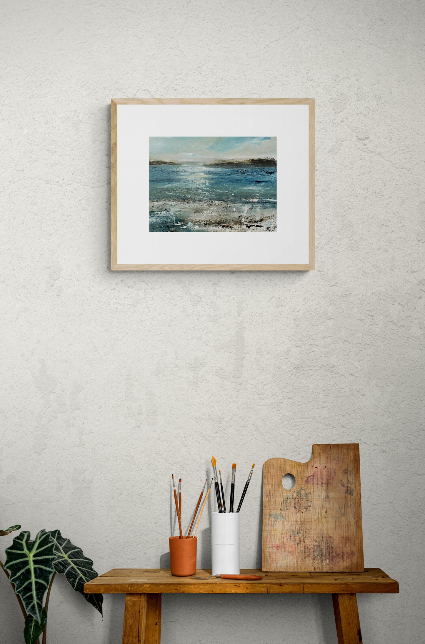art oil on canvas board seascape ocean artwotk modern painting of island and waves and beach sunset unframed cavas art in a frame with mount