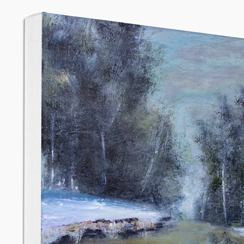 landscape painting of snow and woodland and a river winter art scene artwork