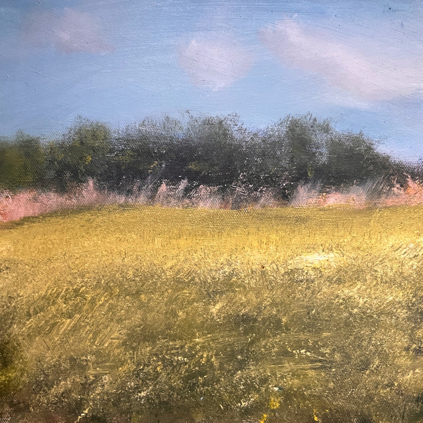 landscape oil painting on stretched canvas of meadow and colourful foliage and trees unique art, contemporary artwork handmade country artwork wall decor summer nature