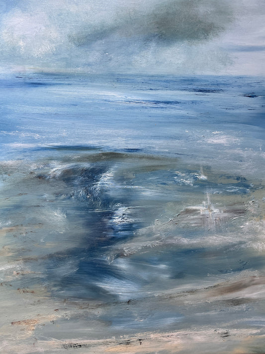 seascape oil painting semi abstract art with floater frame aart oil on canvas board seascape ocean artwotk modern painting of island and waves and beach sunset unframed cavas art large painting with dark blue waves and neutral beach tones mixed media art ready to hang seascapes