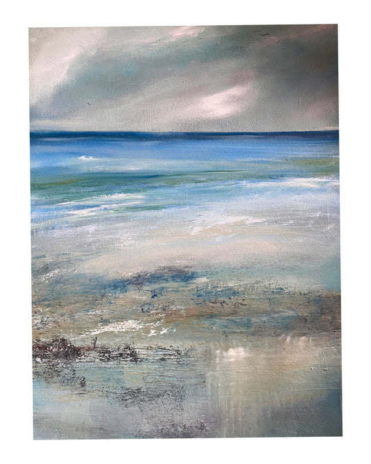 Abstract painting of a landscape with water and sky.