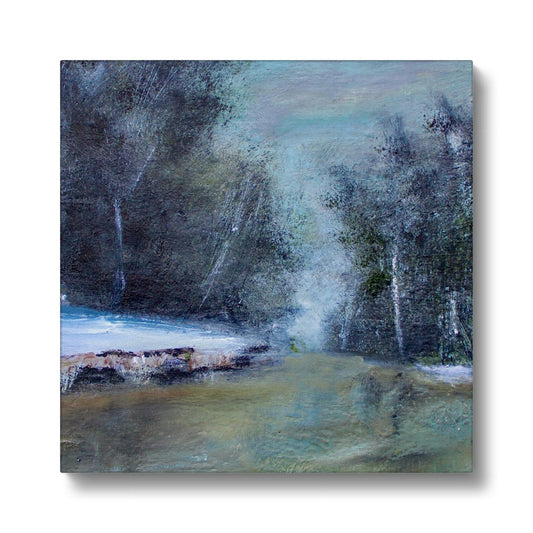 landscape painting of snow and woodland and a river winter art scene artwork
