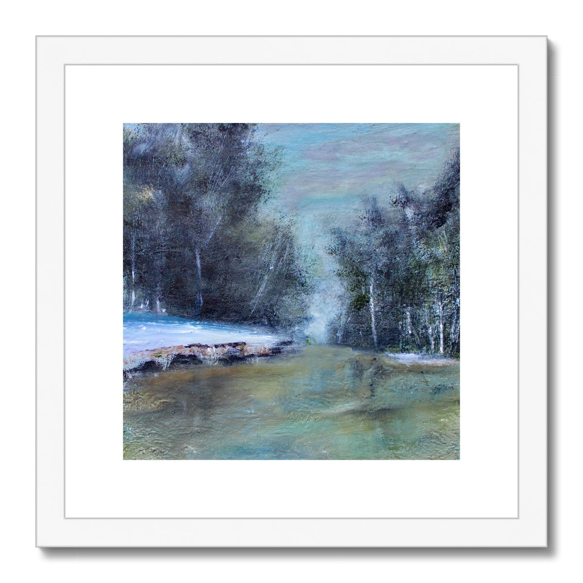 landscape painting of snow and woods and river in a forest art winter scene artwork