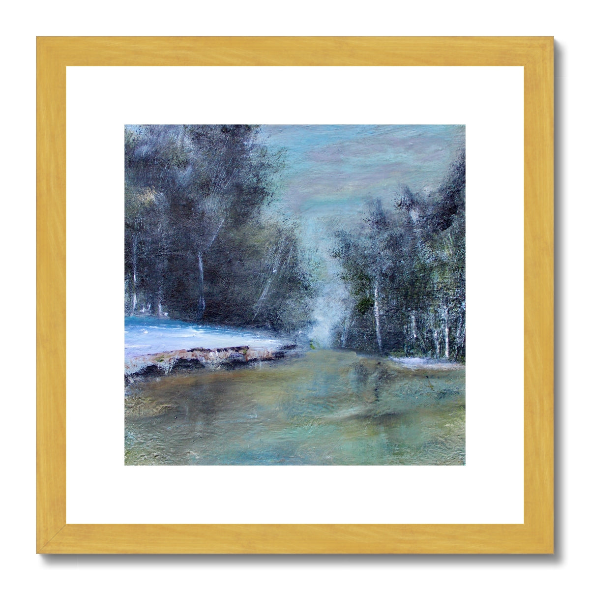 landscape painting of snow and woods and river in a forest art winter scene artwork