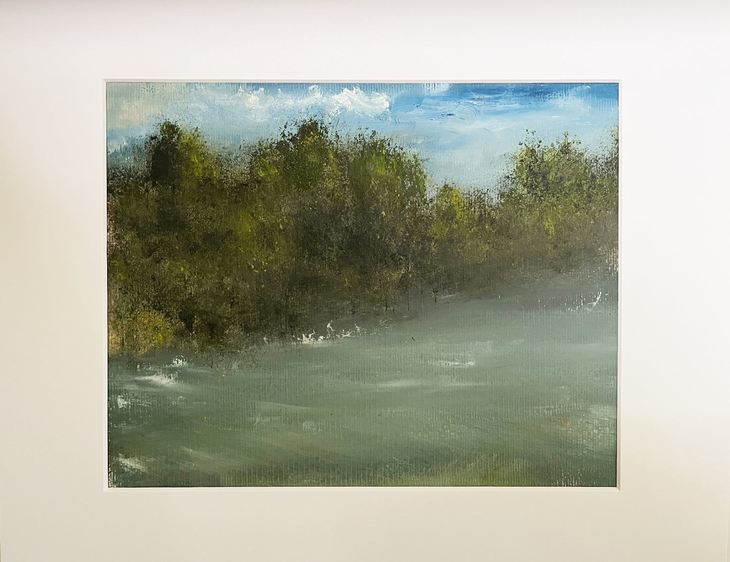 Oil on paper landscape painting of river and trees