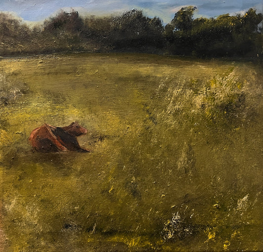 oil on canvas painting of a cow in a meadow on a summer's day, landscape artwork