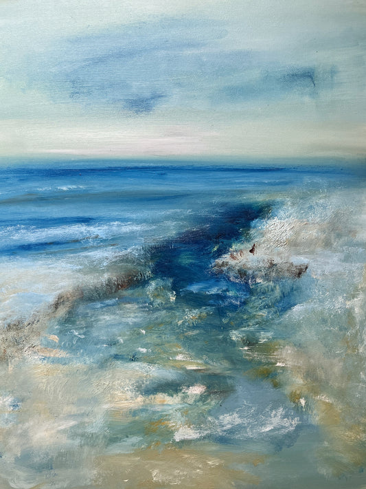 art oil on canvas board seascape ocean artwork modern painting in white plastic floater frame vivid blue beach sand modern art main picture