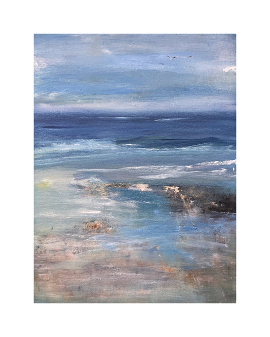 seascape oil on canvas board painting waves ocean beach art sand blue white artwork