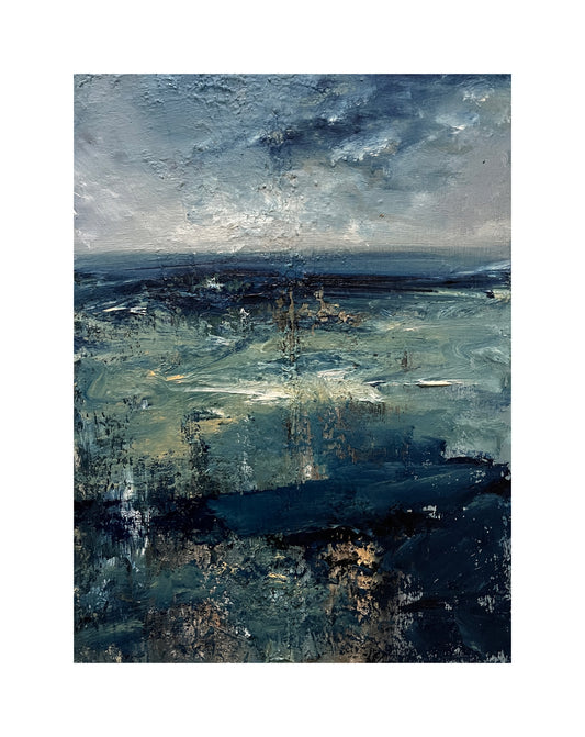 semi abstract seascape oil painting on canvas art contemporary artwork
deep blue blended with lighter hues expressive artwork modern art of beach and sea main view